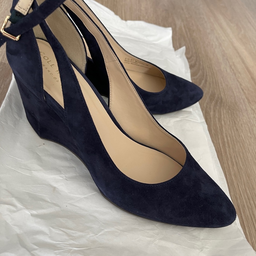 Cole Haan Navy Lacy Wedge Heels with Ankle strap